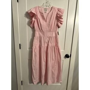 LĒA Dress Sz LPink 100% Cotton Flutter Sleeve Maxi Sundress Pockets Spring Vaca